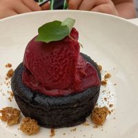 Chocolate coulant with red berry sorbet at Cocos in Foz Do Arelho