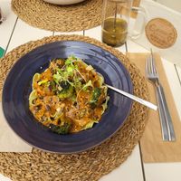 Vegan dish of the day: tagliatelle, broccoli and curry sauce at Cocos in Foz Do Arelho