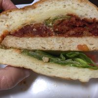 Our take out burger— soggy but yummy  at The Vegetarian Butcher Ikebukuro in Tokyo