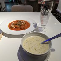 2 starters: mushroom soup and meatballs in marinara at The Vegetarian Butcher Ikebukuro in Tokyo