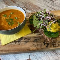 Soup of the day (tomato) and sandwich and cake deal.  at Stek in Venlo
