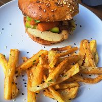 Burger (examined carefully for non-vegan items!) And melt in mouth fries at NKOA in Casablanca