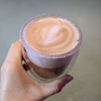 Pink latte with almond milk at 27 Club Coffee in Cleveland