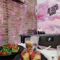 Vegan breakfast dish, cinnamon rolls, oatmilk mocha latte at 27 Club Coffee in Cleveland