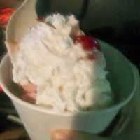 Black cherry and mint chip vegan ice cream with almond whip and a cherry. at Freshie's Ice Cream in Lexington