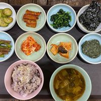 Tray with various side dishes, rice, and soup. at Temple Food Doban - 사찰음식도반 | in Seoul