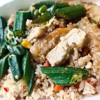 Fried rice with lady fingers and cereal prawn at Original Taste Foods 老味道 in Central Singapore