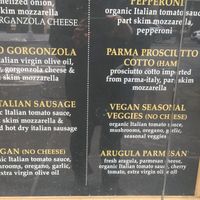 Menu showing some of the vegan offerings (N.B.: they usually do offer one vegan cheese pizza each day).  at My Pie Pizzeria Romana - Lexington in New York City