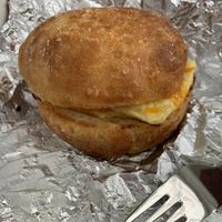 Salty roll with just egg, cheddar cheese and vegan ham at Tree Town Cafe in Penfield