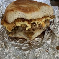 Vegan breakfast sandwich - just egg, cheeze, tempeh bacon & vegan sausage  at Tree Town Cafe in Penfield
