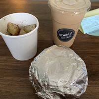 Sandwich, snickerdoodle latte and vegan home fries   at Tree Town Cafe in Penfield