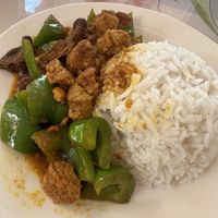 Lemongrass mock meat with rice  at Cheerful House in Siem Reap