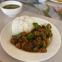 Rice with mock meat  at Cheerful House in Siem Reap