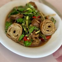 Spicy stir fried mock meat with holy basil and kaffir lime leaves   at Cheerful House in Siem Reap