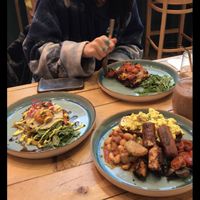 Big breakfast , hash potatoes and vegan egg and the lasagne  at The Vibe in Liverpool