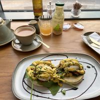 Veggs Royale, breakfast tea and apple juice.   at The Vibe in Liverpool