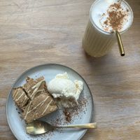 Vegan biscoff & white choc brownie + scouse fire latte 😋  at The Vibe in Liverpool