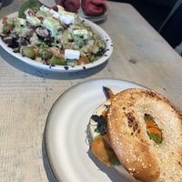 Cauli wrap, Greek salad & salmnot bagel  at The Vibe in Liverpool