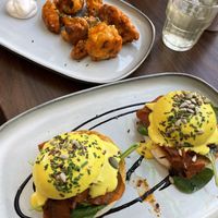 Veggs Benedict with smoked salmon and buffalo cauli wings  at The Vibe in Liverpool