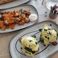 Eggs and sausages and potatoes at The Vibe in Liverpool