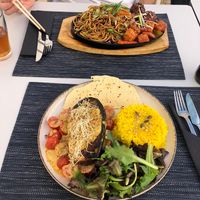 Aubergine pistacchio dish with basmati rice and vegan sizzler  at The Seasonal in Lagos