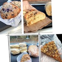 vegan blueberry scones, focaccia bread, english muffins, oatmeal chocolate chip cookies and peach bars! 🌱  #Veganuary at Sweet and Savory Bakehouse in Standish