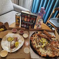 Wings, corn dog, poppers, pizza 🤤 at Love Amaro Pizzeria in Venice