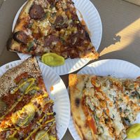 Cheeseburger pizza on bottom, hot honey & pineapple on top  at Love Amaro Pizzeria in Venice