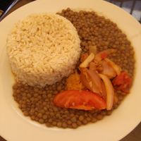 Lentils. Rice and some stewed tomatoes and onions on top at La Naturaleza in Chiclayo