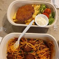 NoChicken Schnitzel and NoMeat Meatball Mala Pasta at The Social Kitchen - Jurong Bird Park in West Singapore