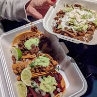 Al pastor, carne asada, and pollo tacos. A carne asada sope at Tacos Veganos in Phoenix