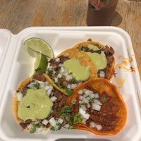 3 carne asada tacos and birria queso taco  at Tacos Veganos in Phoenix