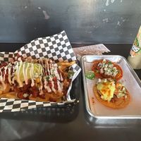 Al pastor fries, pollo and birria taco   at Tacos Veganos in Phoenix
