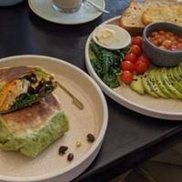 Plant-based breakfast burrito and plant-power big breakfast at Swallow Coffee Traders in Rockdale