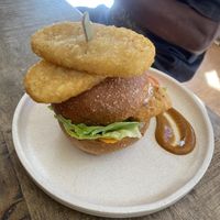 Fish burger with hashbrowns   at Swallow Coffee Traders in Rockdale