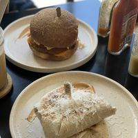 Chick’n burger, brekky burrito and a number of different sauces to try!  at Swallow Coffee Traders in Rockdale