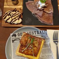 Egg bacon toast with cheese and banana choc crepe at The Little Poet in Hobart