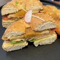 Vegan ham & fried egg bagel  at The Little Poet in Hobart