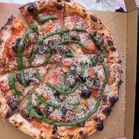 Aubergine pizza with pesto, all vegan  at Mastino Pizza in Amsterdam