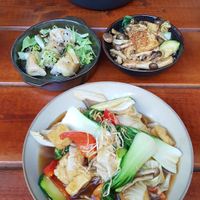 Udon noodle dish "U dont know me" in front, left tapas are dumplings, right tapas garlic-mushroom-combination and my friend hat the seitan soup at Ouai in Leipzig