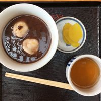 Kawabata zenzai set for 650 yen (all vegan)  at Kawabata Zenzai Square in Fukuoka