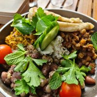 Scrambled tofu, with beans and naan at Harry's Cafe & Bakery in Hepburn Springs