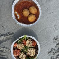 Vegan arrancini and caprese as at the beach  at Cafe Avellino in Swampscott