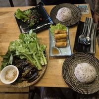 deep fried vegan fish, deep fried vegan fish with vegetables, spring rolls at GoGreen Vegetarian Restaurant in Phnom Penh