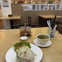 Fried rice comes with complimentary broth.  at JC Vegetarian Restaurant in Phnom Penh