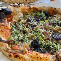 Cogumelow with mushrooms, vegan cheese, caramelized red onion and micro greens  at Tozzi Forneria Moderna in Lisbon