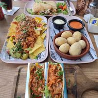 Jackfruit Tacos, Canarian Potatoes and Jackfruit Nachos. Plus some Panini at the top (not vegan though). at Cabanas 1984 in Tenerife