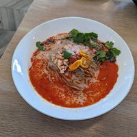 "Spicy Paitan" veganized by substituting noodles and broth and deleting the non-plant proteins. at Sazan Ramen in Austin