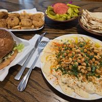 Falafelburger, Falafelbox & Musabaha Teller (mit Fladenbrot und eingelegtem Gemüse) at Falafel Bistro in Dresden