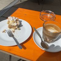 Rhabarber cake and flat white   at KAWA in Dresden